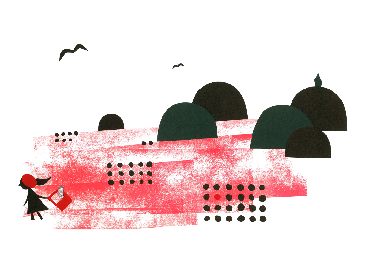 Illustration aus dem Buch "Rotkäppchen und die beste Wurst". Illustration: Eva Kraler. Mentorin: Verena Hochleitner. Text: Eva und David Kraler.